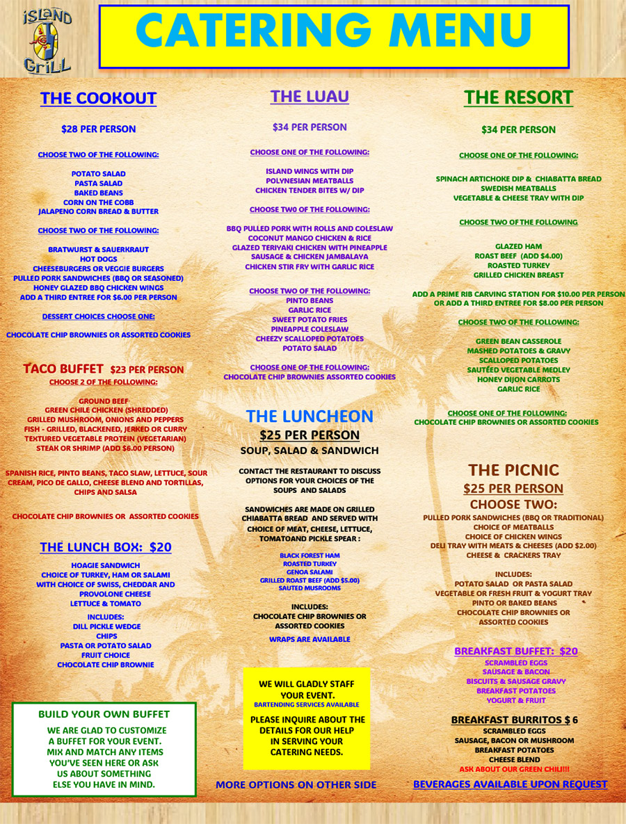 Catering Menu 1 - Island Grill, Fort Collins, CO