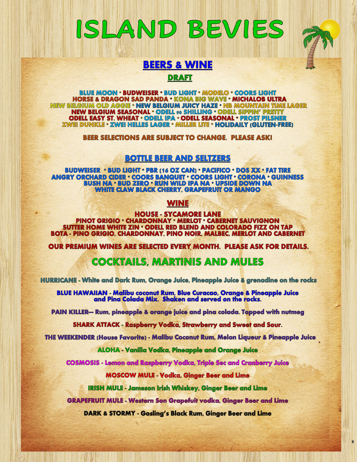 Beer, Wine, Cocktails, Martinis, Mules